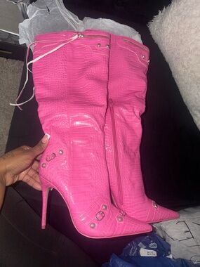 Public Desire Hot Pink Croc-Embossed Over-the-Knee Stiletto Boots